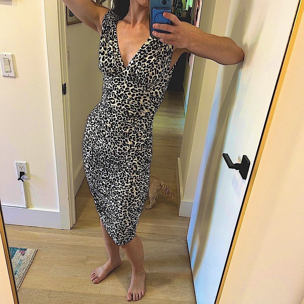 EUC Norma Kamali Tara Leopard-print Ruched Midi Dress